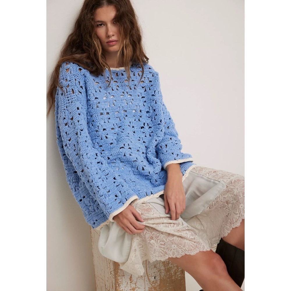New Free People Crochet Knit Tunic Sweater Blue Floral XS - Picture 10 of 10